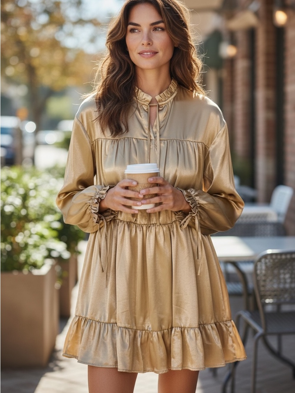 Lani the Label Shimmering Gold Ruffle-Tiered Midi Dress
